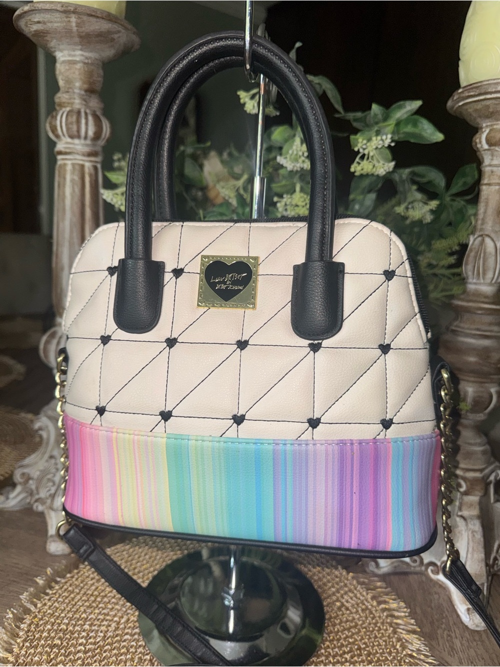 Betsy Johnson Quilted Satchel with Black Trim and Rainbow Base UNIQUE & PRETTY